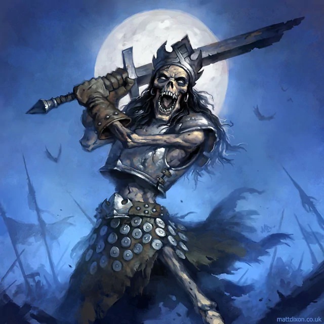 A menacing undead warrior clad in armor wields a large sword under a full moon, surrounded by a dark, eerie battlefield with scattered hammers and flying bats.