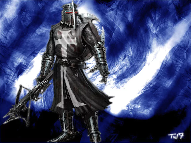 Armored fantasy knight in a black-and-white tabard with a white cross, red-glowing visor slits, wielding a spiked flail against a swirling blue-and-white background.