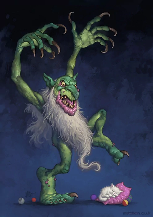 A dark fantasy scene featuring a large green monster with sharp claws and a white beard, looming playfully over a cute sleeping kitten surrounded by colorful balls.