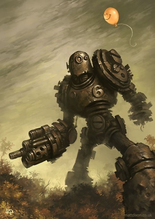 A towering robot stands in a misty landscape, holding a large weapon, while a cheerful balloon floats above, blending elements of sci-fi and whimsy.