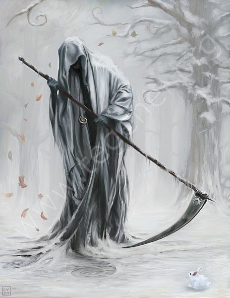 A hooded figure, resembling the Grim Reaper, stands in a snowy landscape, holding a scythe. A small white rabbit curiously observes, adding a contrasting touch of life to the dark, winter scene.