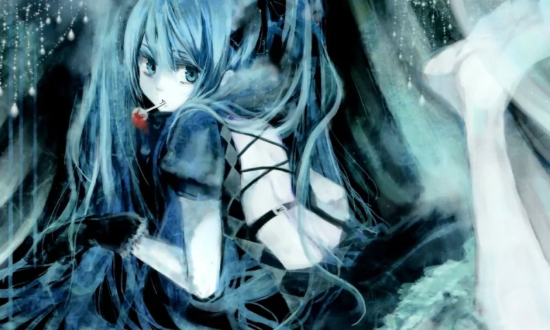 Anime-style Vocaloid character with long blue hair holds a lollipop, surrounded by a mysterious, circus-inspired dark atmosphere.