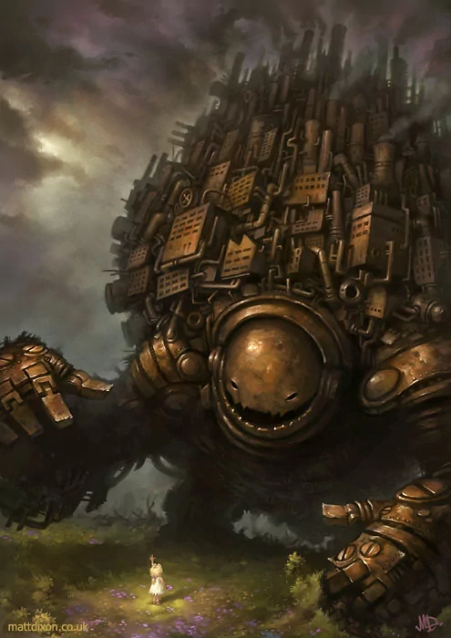 A towering sci-fi giant robot covered in industrial structures looms over a small girl standing amidst grass and flowers under a stormy sky, blending fantasy and mechanical elements.