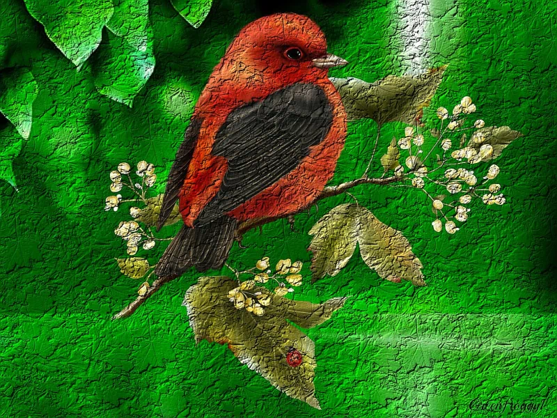 Artistic artwork of a vibrant red and black bird perched on a branch with green leaves and small white flowers against a textured green background.