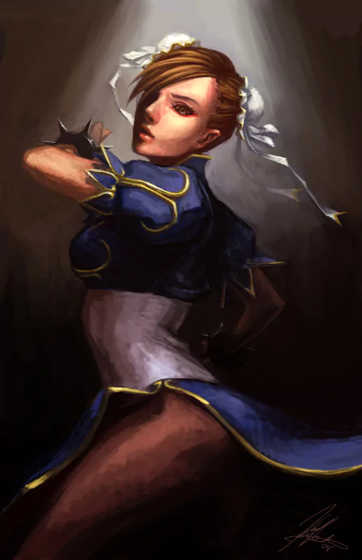 Digital painting of Chun-Li, a Street Fighter video game character, shown in dynamic pose with traditional blue outfit and spiked bracelets against a dark background.