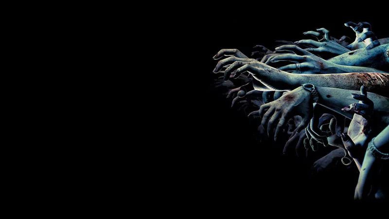 Dark horror scene of decaying zombie hands and arms reaching from the right into a black void.