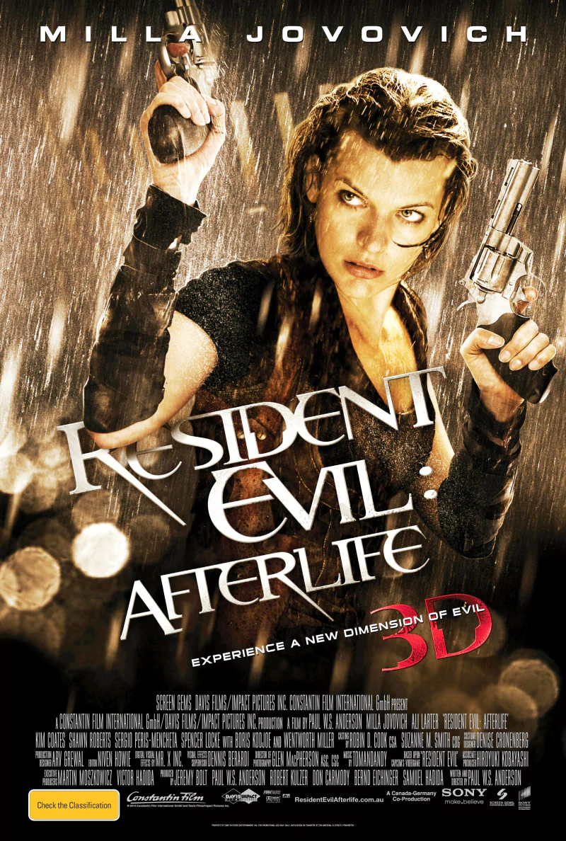 Movie poster for Resident Evil: Afterlife — heroine in rain grips two pistols, intense gaze, stylized title and 3D logo.