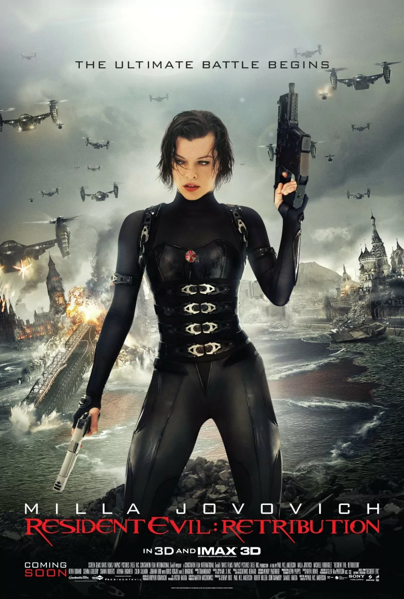Movie poster for Resident Evil: Retribution — a leather-clad female protagonist wields two guns, standing before a ruined coastal city while helicopters swarm the sky.
