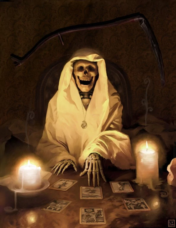A skeleton draped in a white cloth sits at a dimly lit table with tarot cards and candles, evoking themes of divination, death, and the presence of the grim reaper.