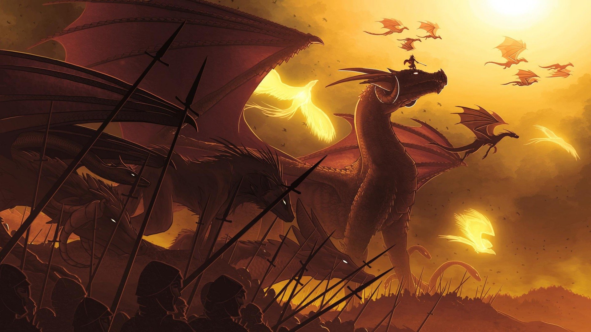 Fantasy dragon towers over a battlefield, winged kin circling a golden sky as soldiers and spears stand in shadow.