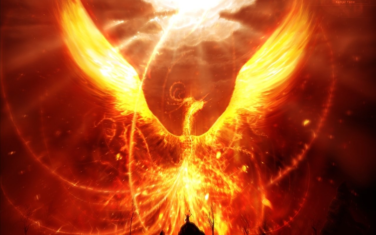 Fantasy scene of a blazing phoenix of gold and ember rising through swirling flames above a lone silhouetted figure.