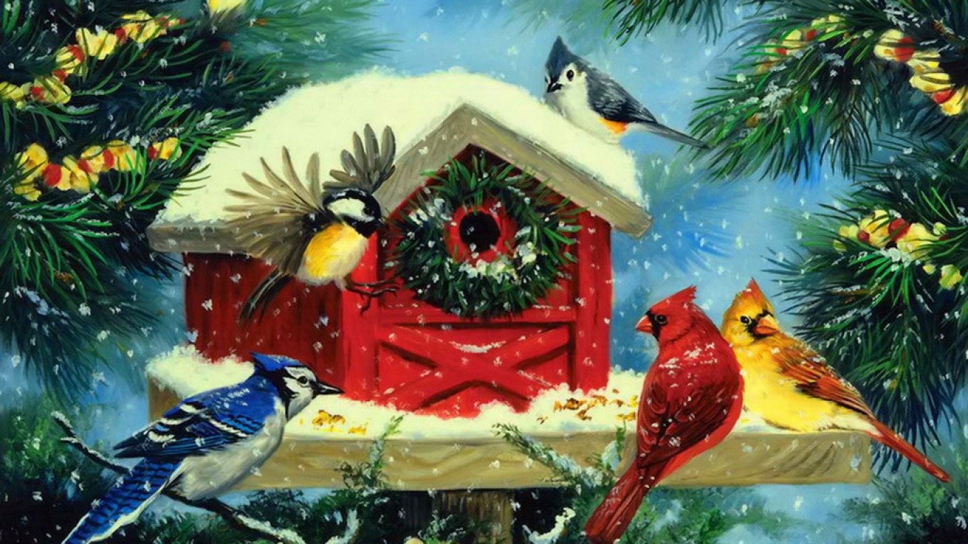 A vibrant birdhouse covered in snow, surrounded by snowy pine branches, hosts colorful birds including cardinals and blue jays, creating a cheerful winter scene.