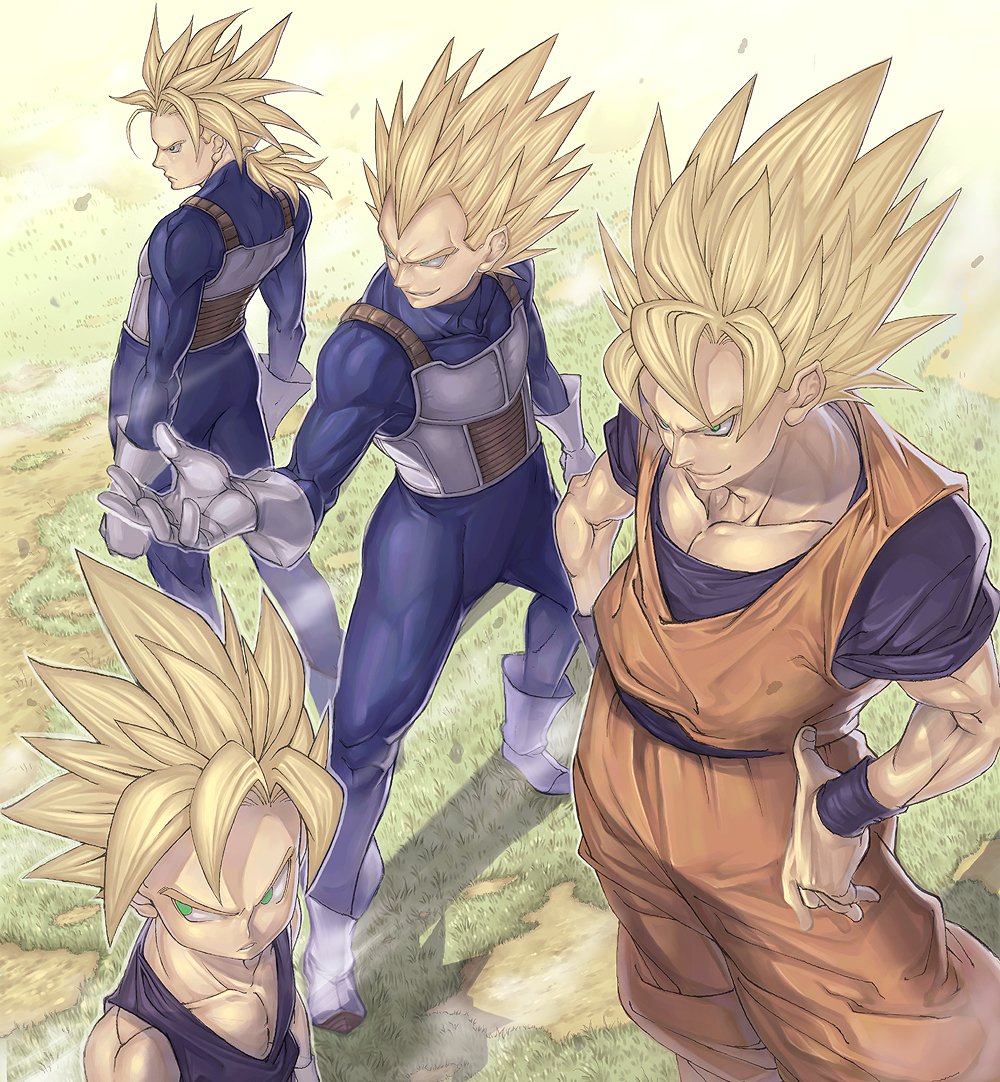 Four characters from Dragon Ball Z, including Super Saiyan Trunks, Vegeta, Gohan, and Goku, stand together, showcasing their distinct hairstyles and vibrant personalities in this dynamic anime scene.