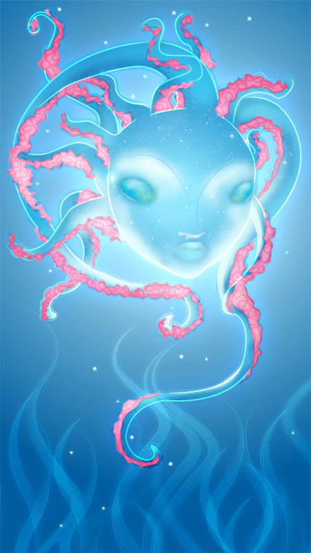 A glowing alien goddess with a moon-like face and vibrant pink tentacles floats in a mystical blue fantasy realm, blending cosmic and otherworldly elements.