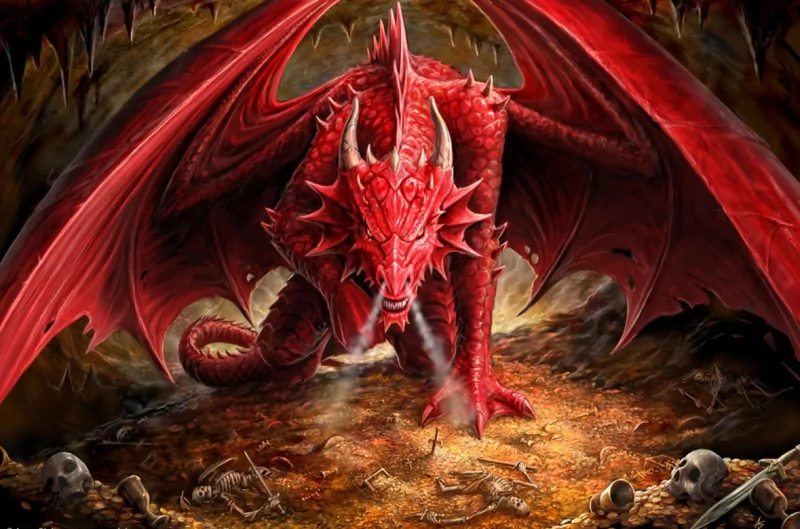 A fierce red dragon with outstretched wings stands menacingly in a dark, fantasy cavern strewn with bones and skulls.