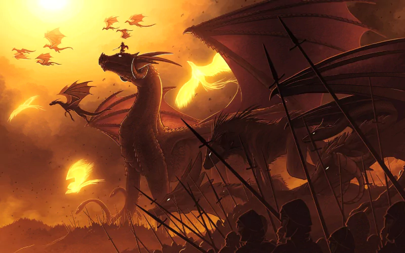 A dramatic fantasy scene features a massive dragon and smaller dragons soaring against a fiery backdrop, while shadowy figures wield spears below, creating a sense of epic adventure.