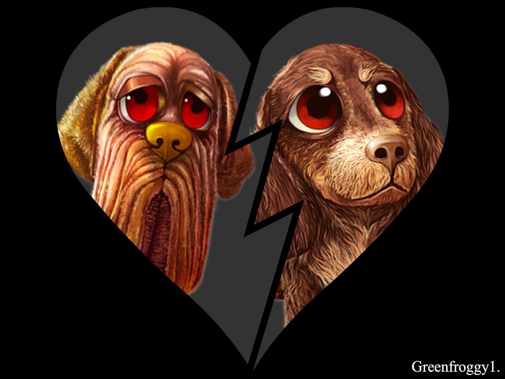 Artistic artwork: two sorrowful, wide-eyed dogs framed in a cracked heart illustration on a dark background.