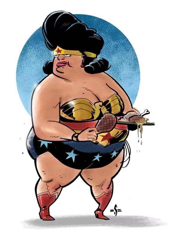 Comic cartoon of a buffet-style Wonder Woman heroine holding a dripping turkey leg, wearing a golden bustier, star-spangled shorts and red boots.