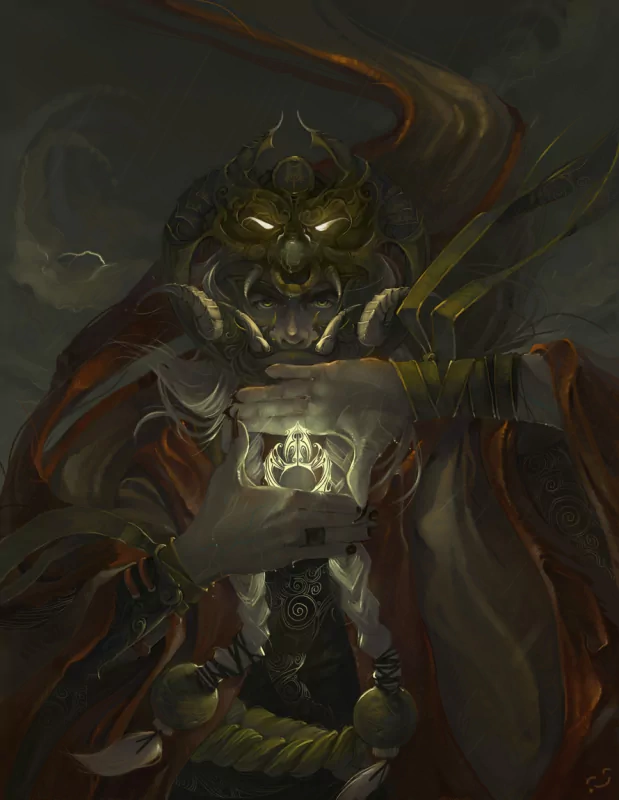 Armored warlord-wizard with a horned mask and glowing eyes conjures a bright magical sigil between his hands in a dark fantasy scene of tattered red robes and swirling smoke.