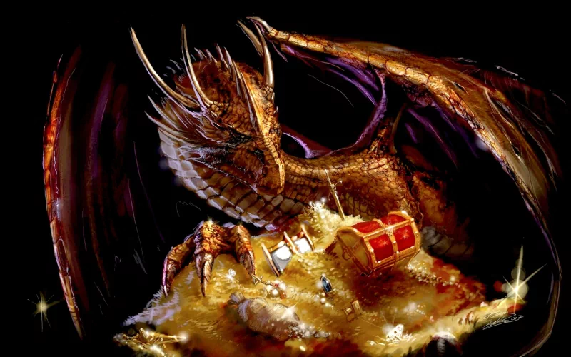A majestic fantasy dragon guards a glowing treasure hoard, with sharp claws and wings enveloping gold and jewels in a dark, mystical setting.