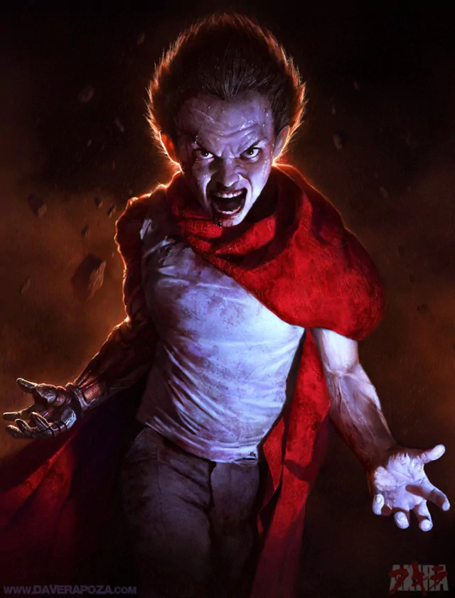 Anime Akira — Tetsuo screaming, torn white tank and red cloak, eyes blazing as energy crackles from his hands against a dark, smoky background.