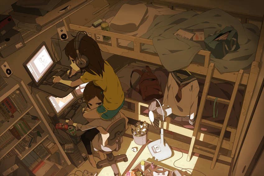 Anime couple share a cozy moment in a cluttered, warm-toned room filled with books and personal items, capturing an intimate, everyday scene.