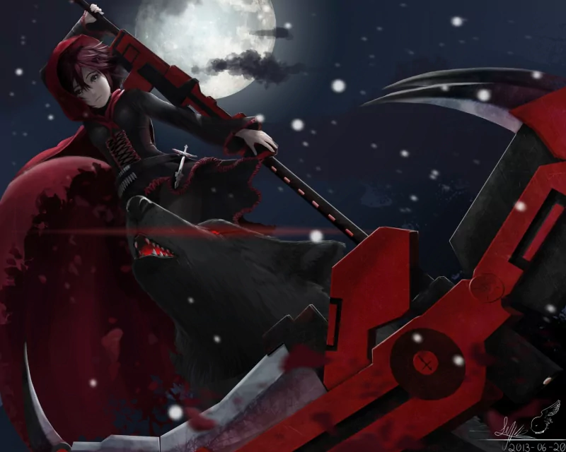 Ruby Rose from RWBY, depicted in an action pose with her signature scythe, set against a snowy night sky and a glowing full moon. The scene captures her fierce determination and style.