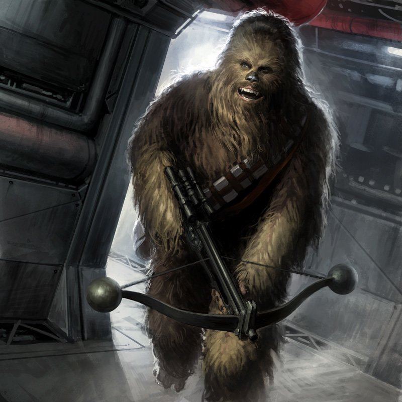 Chewbacca, the iconic Wookiee from Star Wars, armed with a bowcaster inside a sci-fi spaceship setting.