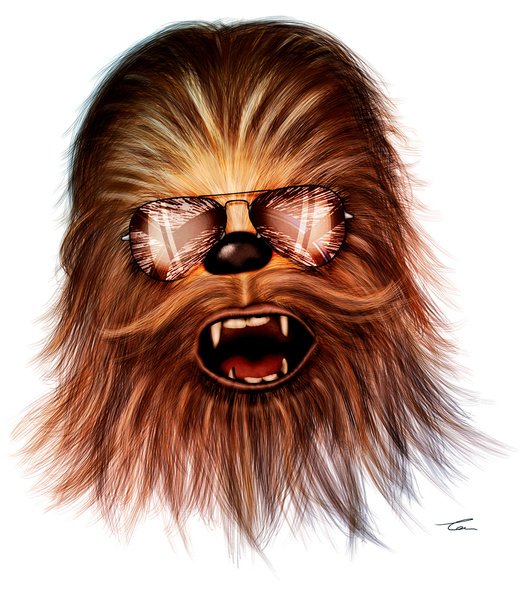 An illustrated portrait of Chewbacca from Star Wars, featuring him wearing stylish sunglasses and displaying an expressive, roaring face.