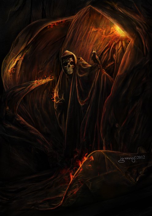 A dark, eerie scene featuring a glowing skeleton figure cloaked in shadows, surrounded by fiery, molten textures.