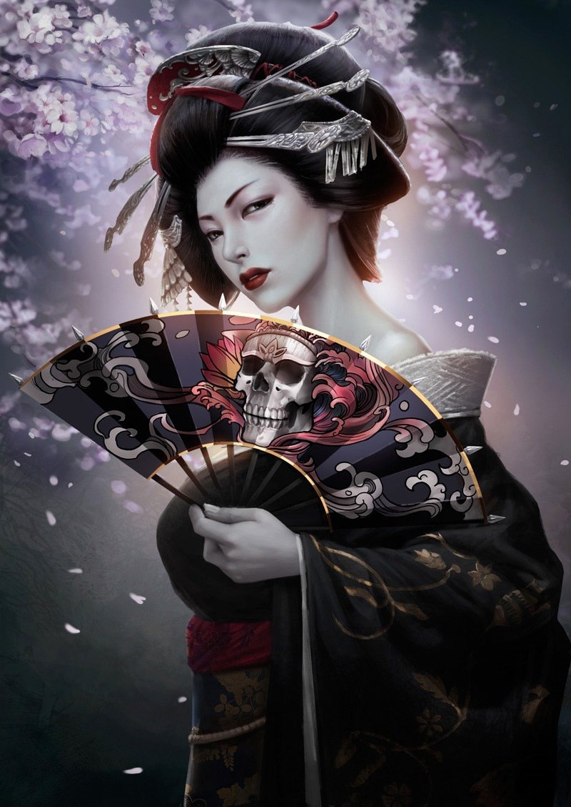 Asian woman dressed in traditional attire holds an ornate fan featuring a skull design, set against a backdrop of blooming cherry blossoms.