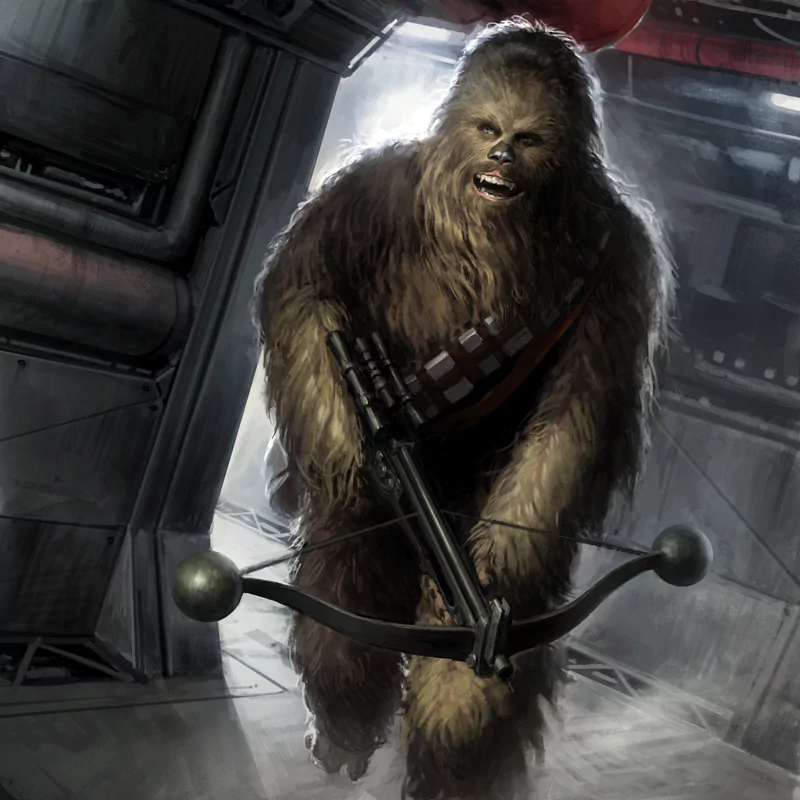 Chewbacca, the iconic Wookiee from Star Wars, armed with a bowcaster inside a sci-fi spaceship setting.
