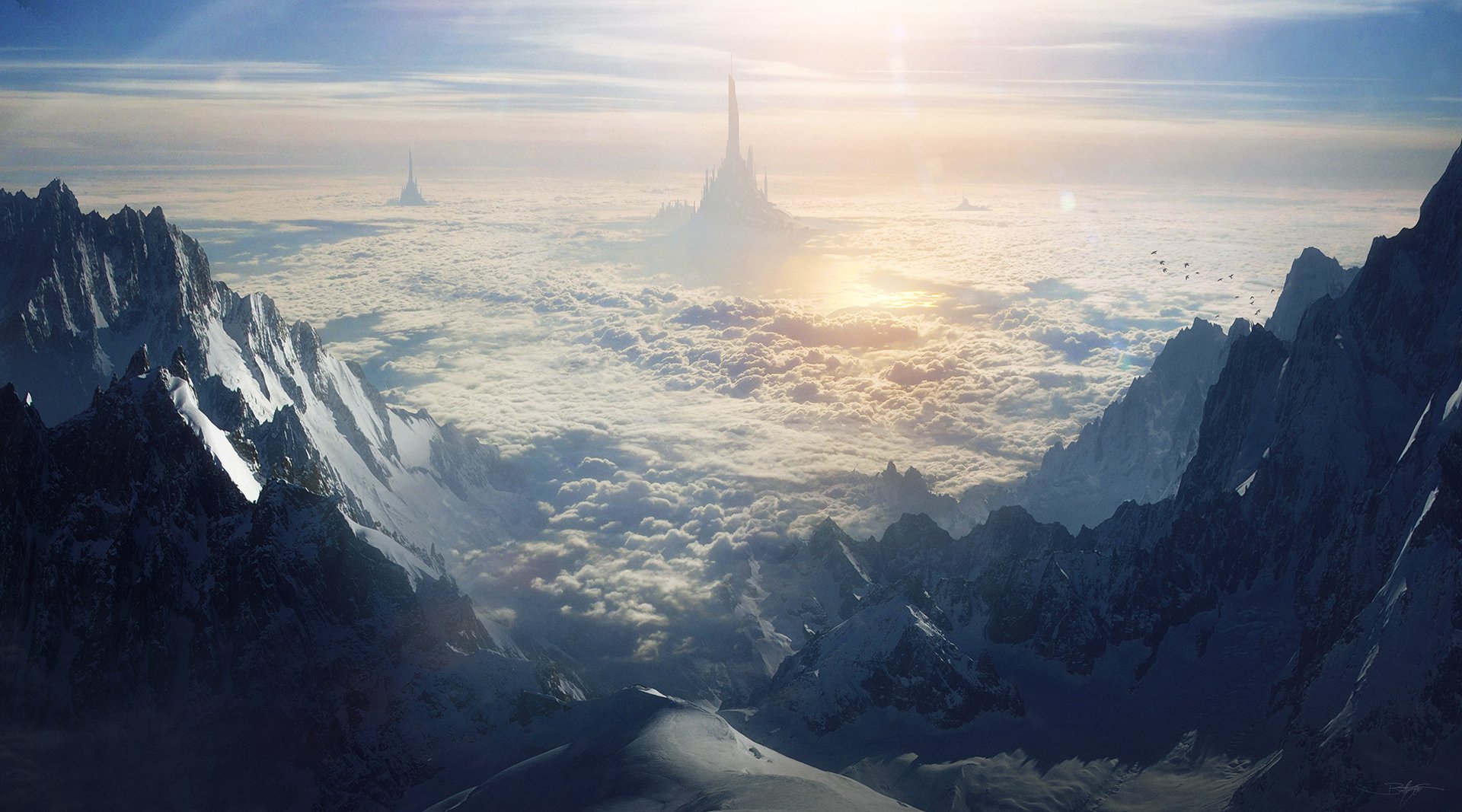 A futuristic sci fi city with towering spires rises above a vast sea of clouds, surrounded by rugged mountain peaks under a bright sky.