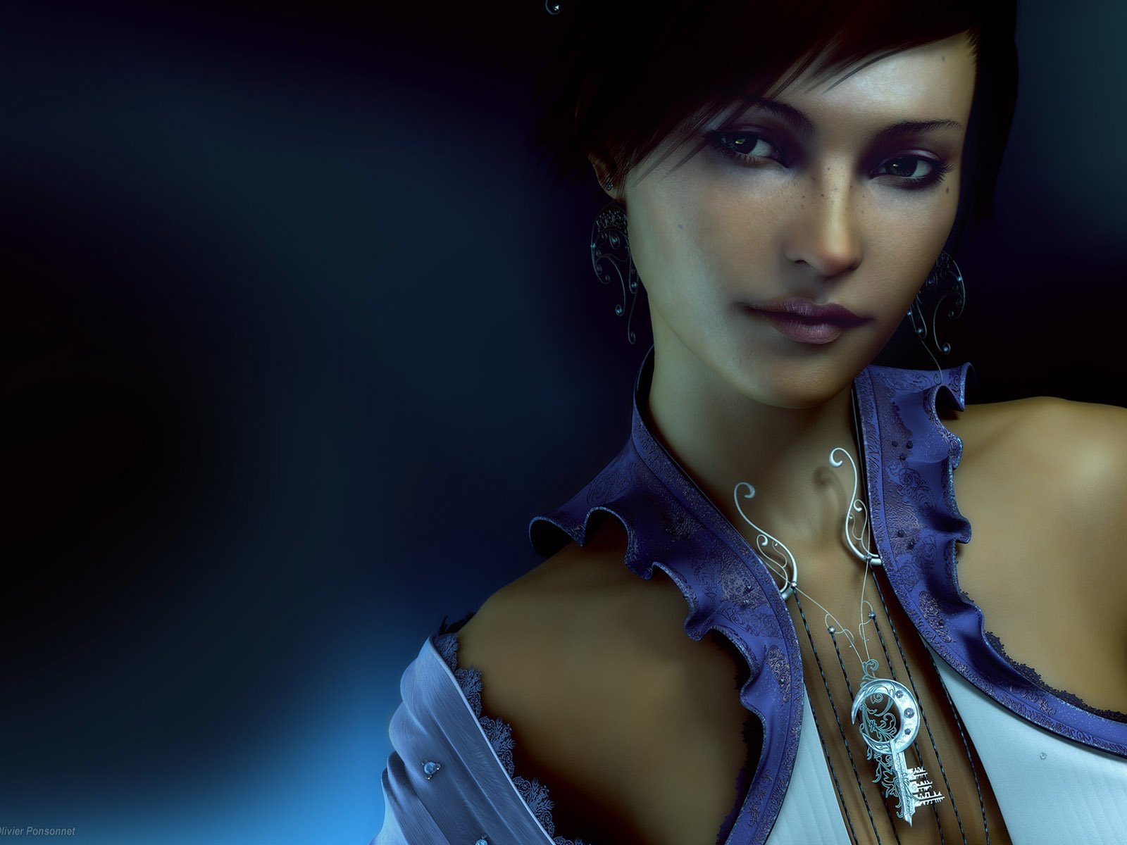 Portrait of a fantasy woman with dark hair, luminous skin, ornate silver jewelry and a blue-violet ruffled dress bathed in a moody, ethereal glow.