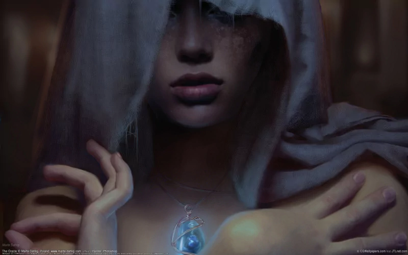 A fantasy-themed image of a woman with a hooded cloak, softly illuminated by the glowing blue pendant she wears around her neck.