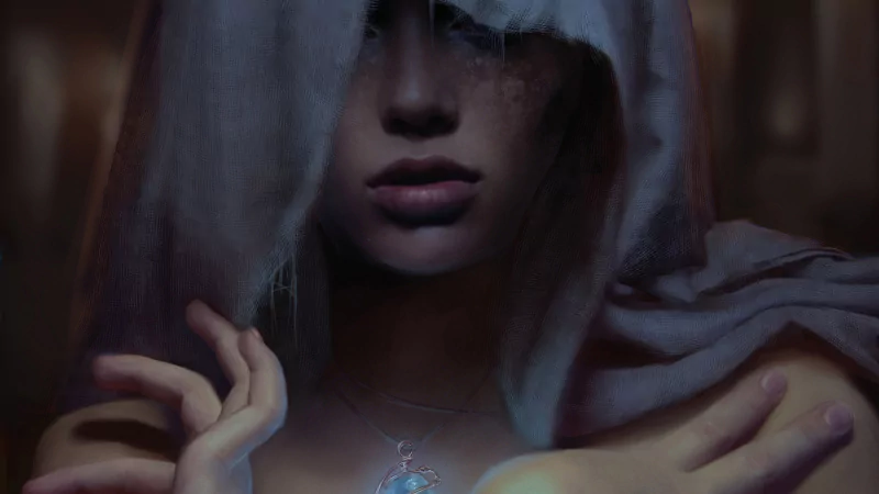 A fantasy-themed portrait of a woman with a hooded cloak, softly illuminated, holding a glowing pendant near her chest.
