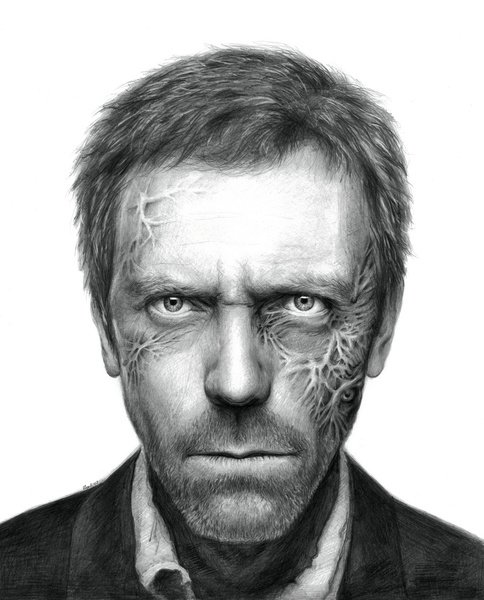 Black-and-white realistic portrait of TV character Gregory House, intense stare and weathered features with vein-like textures tracing one cheek.