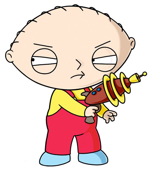 Stewie Griffin, an animated character from the TV show Family Guy, is holding a sci-fi ray gun with a determined expression.