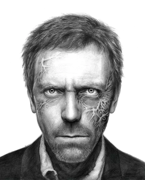 Black-and-white realistic portrait of TV character Gregory House, intense stare and weathered features with vein-like textures tracing one cheek.