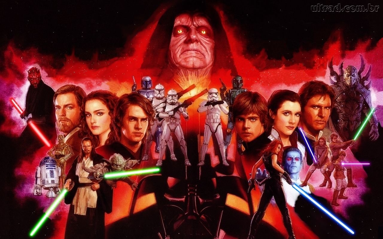 A dramatic Star Wars collage featuring iconic characters like Emperor Palpatine, Darth Sidious, Anakin Skywalker, Padmé Amidala, Obi-Wan Kenobi, Han Solo, Luke Skywalker, and Darth Maul.