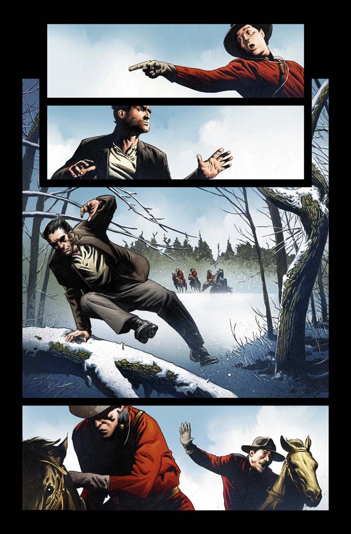 Comic panels depict Logan James Howlett, aka Wolverine, in a snowy forest scene, showing dynamic action and pursuit with characters on horseback in the distance.