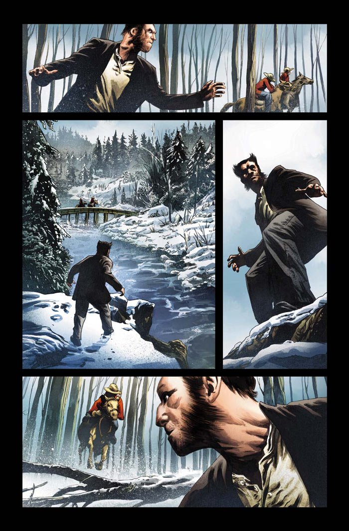 Comic panels depict Logan James Howlett, also known as Wolverine, in a snowy forest, cautiously approaching horseback riders and assessing the surroundings.