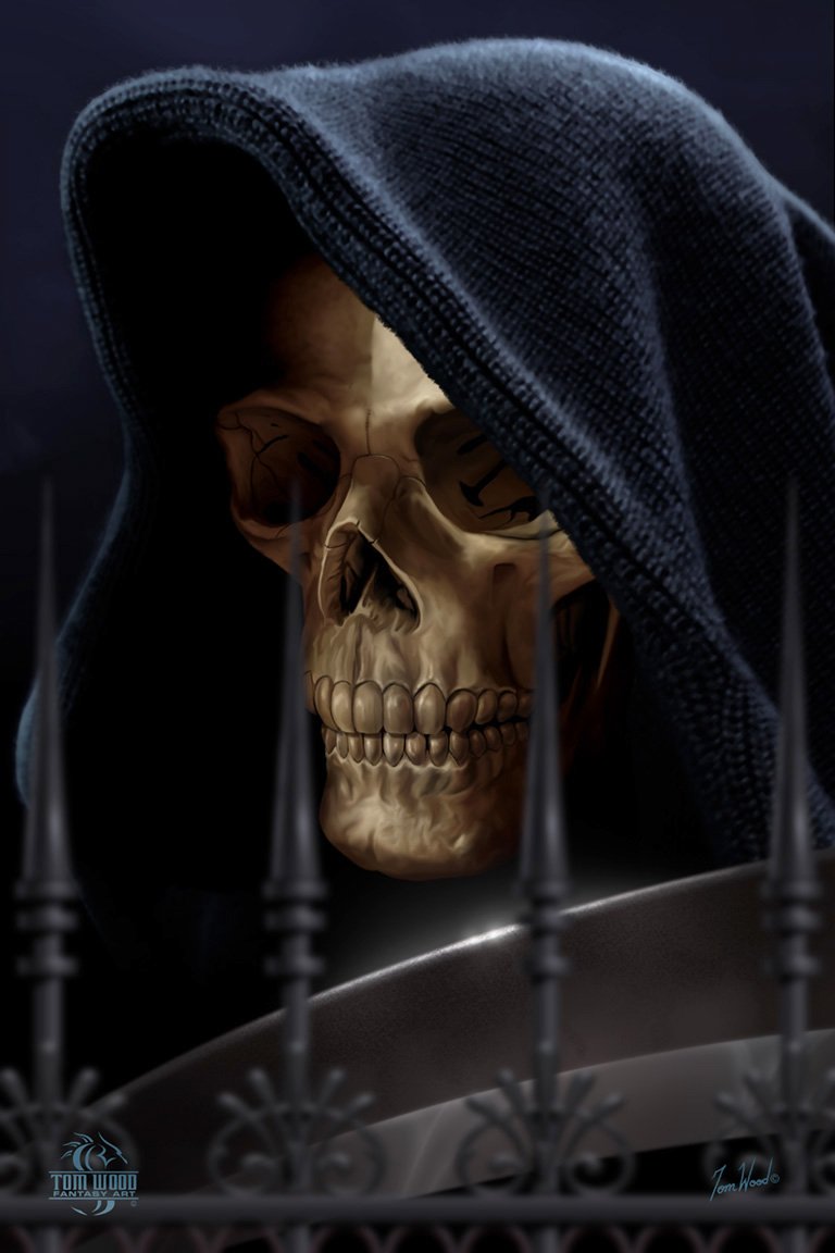 A dark figure cloaked in a hood reveals a detailed skull, standing ominously behind wrought iron gates, evoking an eerie, foreboding atmosphere.