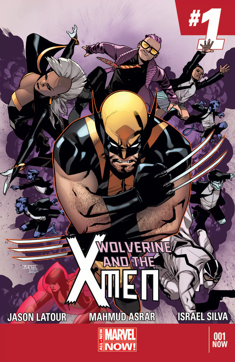 Cover of Marvel's Wolverine and the X-Men #1 features Wolverine, Storm, Kid Omega, and Quintavius Quire in dynamic poses against a purple background.