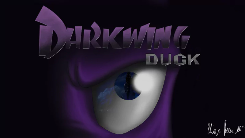 Close-up of a masked eye beneath the Darkwing Duck logo — promotional artwork for the Darkwing Duck TV show.