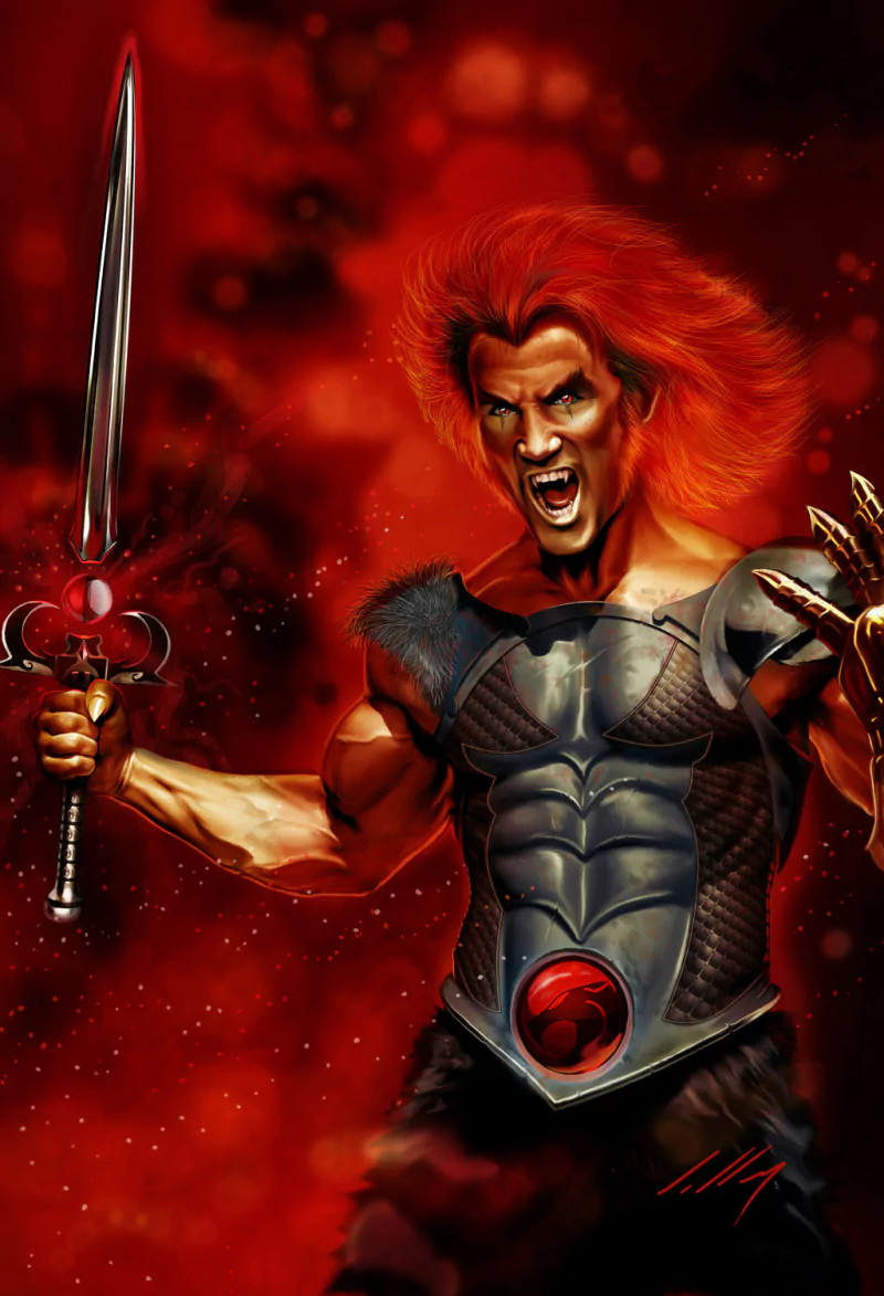 Lion-O, the main character from the 1985 TV show Thundercats, poses fiercely with his sword, embodying strength and determination against a fiery backdrop.