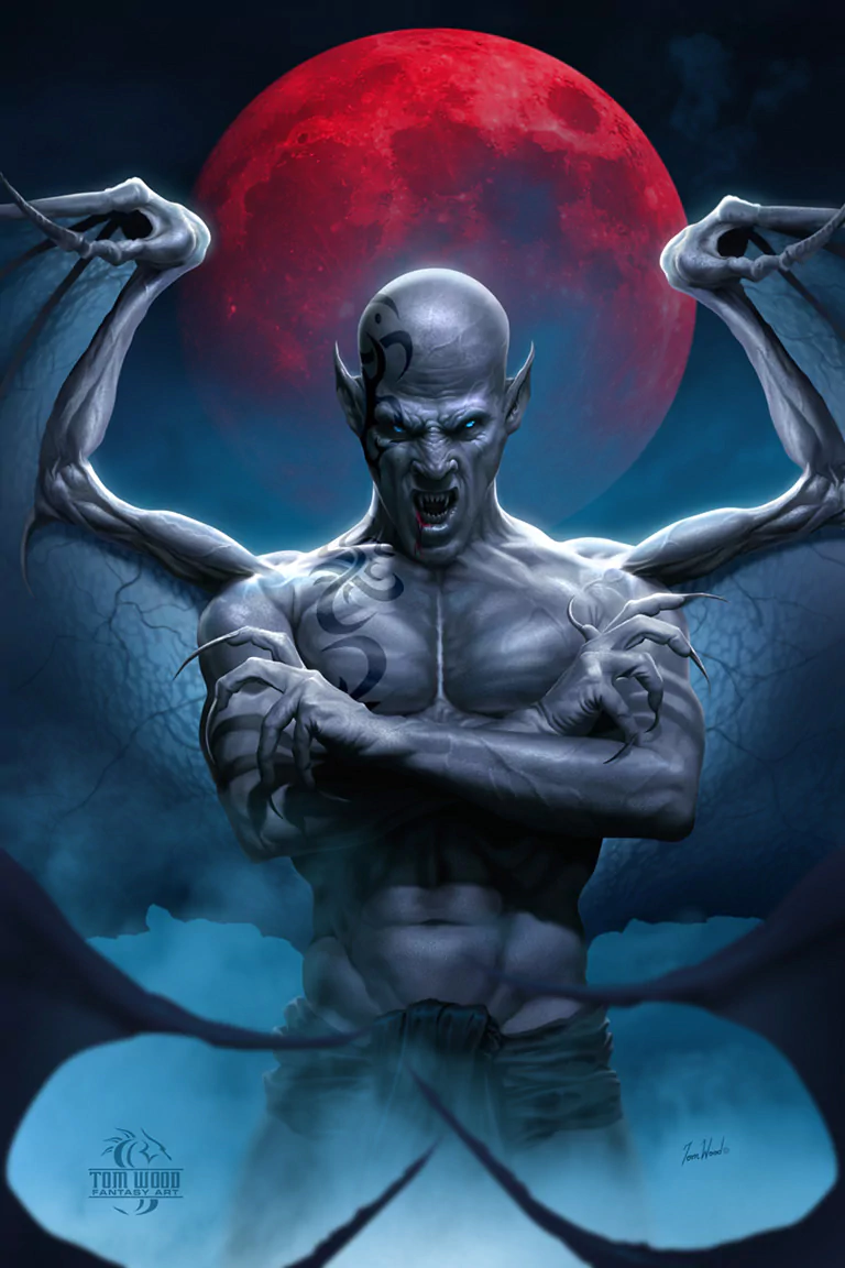 A powerful, dark demon figure with a muscular build and grey skin, standing against a blood-red moon, exuding a fierce intensity with his arms crossed.