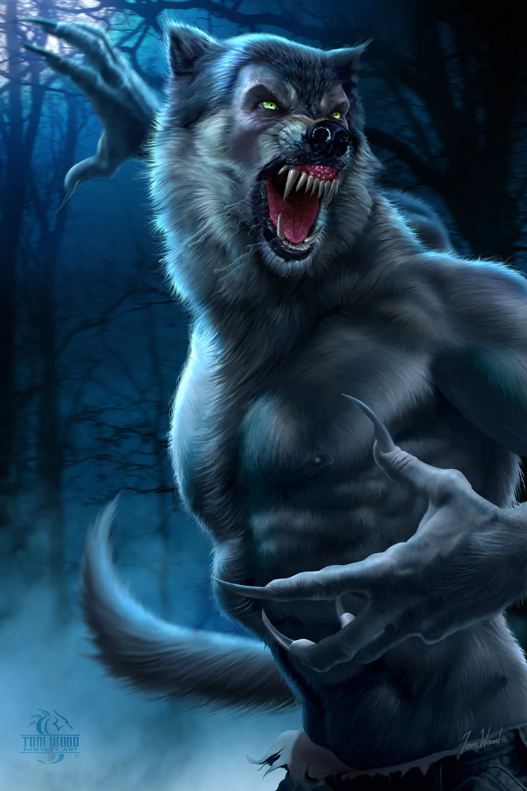 A dark, menacing werewolf stands in a shadowy forest, showcasing powerful muscles and sharp claws, with piercing green eyes and an open, snarling mouth.