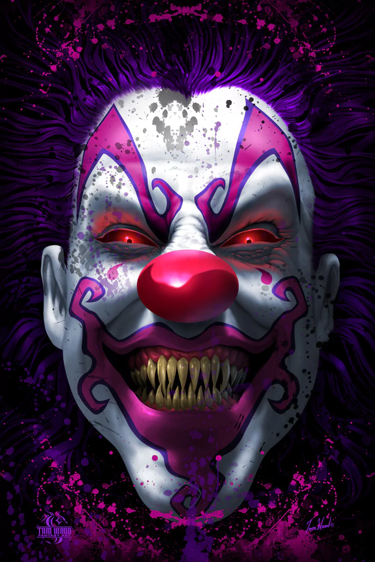 A sinister clown with sharp teeth and bright red nose glares menacingly, framed by dark purple hair and a vibrant splash of colors, creating a haunting, eerie atmosphere.