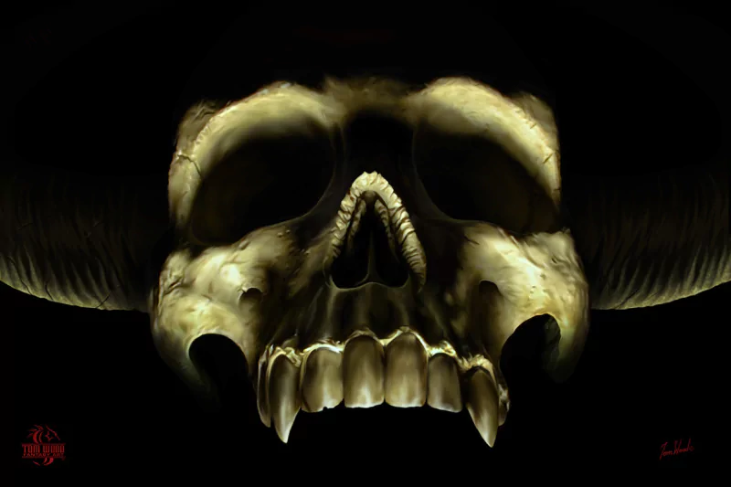 A dark image featuring a detailed skull with prominent teeth and curved horns, illuminated against a black background, creating a dramatic and eerie effect.